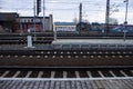 Old train station, rails wires, peron, concrete. Czech Republic Royalty Free Stock Photo