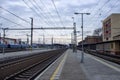 Old train station, rails wires, peron, concrete. Czech Republic Royalty Free Stock Photo