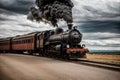 An old train traveling on a railway of clouds