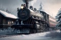 Old train at winter. Generative AI