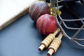 Leather cricket ball, wickets, helmet and wooden bat Royalty Free Stock Photo