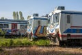 Old trains in the retired open area train depot at the historical Haydarpasha station of the Ottoman period in Istanbul