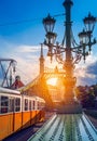 Old tram at bridge freedom sunshine Budapest Royalty Free Stock Photo