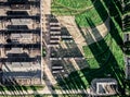 Old tram depot and trams in the yard, top view Royalty Free Stock Photo