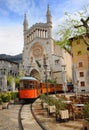 Old tram in front of the Cathedral of Soller, Mallorca, Spain Royalty Free Stock Photo