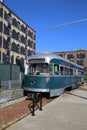 Old tram in front of Fairway Market in Red Hook section of Brooklyn Royalty Free Stock Photo