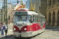 Old tram in the historic center of the city, sunny day in summer