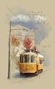Old tram in the historic part of the city. Portugal. Watercolor sketch. Royalty Free Stock Photo