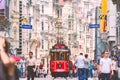 Old tram in Istanbul, Turkey. People in street. Royalty Free Stock Photo