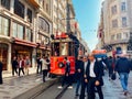 Old tram Istiklal Avenue in Istanbul, Turkey November 2, 2019. Nostalgic Red Tram in Taksim Istiklal Street. Red Retro tram on Royalty Free Stock Photo