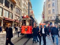 Old tram Istiklal Avenue in Istanbul, Turkey November 2, 2019. Nostalgic Red Tram in Taksim Istiklal Street. Red Retro tram on Royalty Free Stock Photo