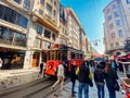 Old tram Istiklal Avenue in Istanbul, Turkey November 2, 2019. Nostalgic Red Tram in Taksim Istiklal Street. Red Retro tram on Royalty Free Stock Photo