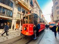 Old tram Istiklal Avenue in Istanbul, Turkey November 2, 2019. Nostalgic Red Tram in Taksim Istiklal Street. Red Retro tram on Royalty Free Stock Photo