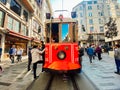 Old tram Istiklal Avenue in Istanbul, Turkey November 2, 2019. Nostalgic Red Tram in Taksim Istiklal Street. Red Retro tram on Royalty Free Stock Photo