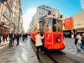 Old tram Istiklal Avenue in Istanbul, Turkey November 2, 2019. Nostalgic Red Tram in Taksim Istiklal Street. Red Retro tram on Royalty Free Stock Photo