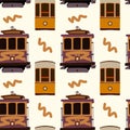 Old tram pattern. Yellow Tramcar vehicles for city trips. Streetcar electric cars in the States are a backdrop for