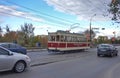 An old tram rides along the street in Vinnitsa
