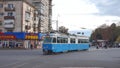 An old tram rides along the street in Vinnitsa