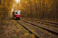 Tram rides through the autumn park.