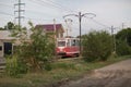 Old tram rides in provincial town in summer