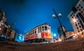 The old tram in the street of Kazan. Fish-eye view.