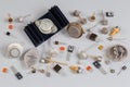 Old transistors various purpose in different packages on gray surface Royalty Free Stock Photo