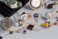 Old transistors various purpose in different packages on gray surface Royalty Free Stock Photo