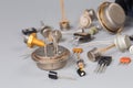 Old transistors various purpose in different packages on gray surface Royalty Free Stock Photo