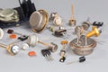 Old transistors various purpose in different packages on gray surface Royalty Free Stock Photo