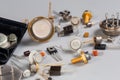 Old transistors various purpose in different packages on gray surface Royalty Free Stock Photo