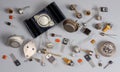Old transistors various purpose in different packages on gray surface Royalty Free Stock Photo