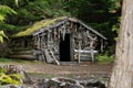 An old trappers cabin is decorated with driftwood at Wells Gray Park in BC, Canada