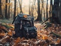 Old travel backpack abandoned on mossy ground in the forest.