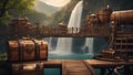 old treasure chest Steam punk waterfall of adventure, with a landscape of wooden bridges with a Waterfall