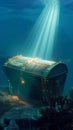 Old treasure chest sunk under the sea, emitting ethereal light