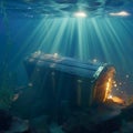 Old treasure chest sunk under the sea, emitting ethereal light