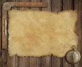 Old treasure map on wooden desk with compass and Royalty Free Stock Photo