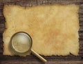 Old treasure map on wooden desk with magnifying