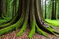 Old tree with big roots in green jungle forest. Royalty Free Stock Photo