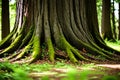 Old tree with big roots in green jungle forest. tree in the forest Royalty Free Stock Photo