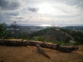 An old tree fallen on the hill top with sunny sky above. Royalty Free Stock Photo