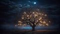 Old tree in the forest at night with full moon. 3D render, suspenseful atmosphere Royalty Free Stock Photo