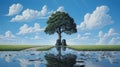 Surreal Reflections: A Captivating Painting Of Tree And Lake