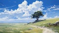 Expansive Landscape: A Kawacy-inspired Concept Art Of A Small Pine Tree Under A Cloudy Sky