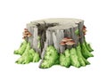 Old tree stump with green moss. Watercolor illustration. Tree cut trunk with green moss and grass and mushrooms on it Royalty Free Stock Photo