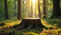 Old tree stump sits peacefully in rich green forest setting. Warm golden sunlight streams through tall trees, casting bright rays Royalty Free Stock Photo