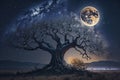 Old tree under full moon, created with generative AI Royalty Free Stock Photo