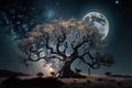 Old tree under full moon, created with generative AI Royalty Free Stock Photo