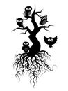 Old tree vector silhouettes with roots and owls Royalty Free Stock Photo