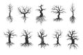 Old tree vector silhouettes with roots vector set Royalty Free Stock Photo